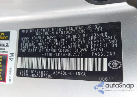 2010 Toyota Camry Le from USA, damaged, VIN 4T4BF3EK4AR062578